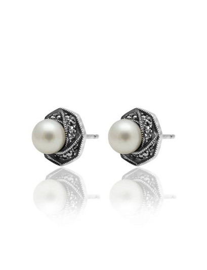 Larus Silver Marcasite Stud Earrings With Pearl