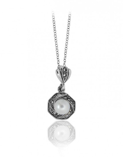 Larus Silver Pearl & Marcasite Pendant Necklace