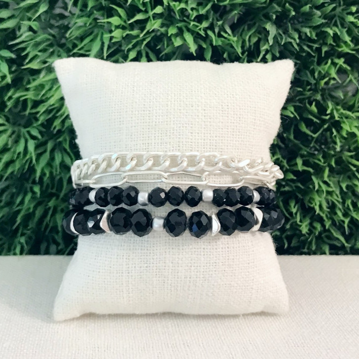 Caracol Black and Silver Multistrand Bracelet With Glass Beads & Chains