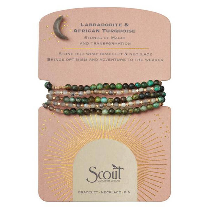 Scout Stone Duo Wrap Bracelet/Necklace/Pin Labradorite & African Turquoise Gold