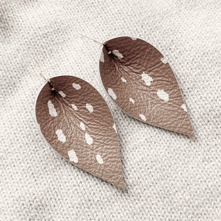 White Birch Large Leather Leaf Earrings Deer Fawn Print