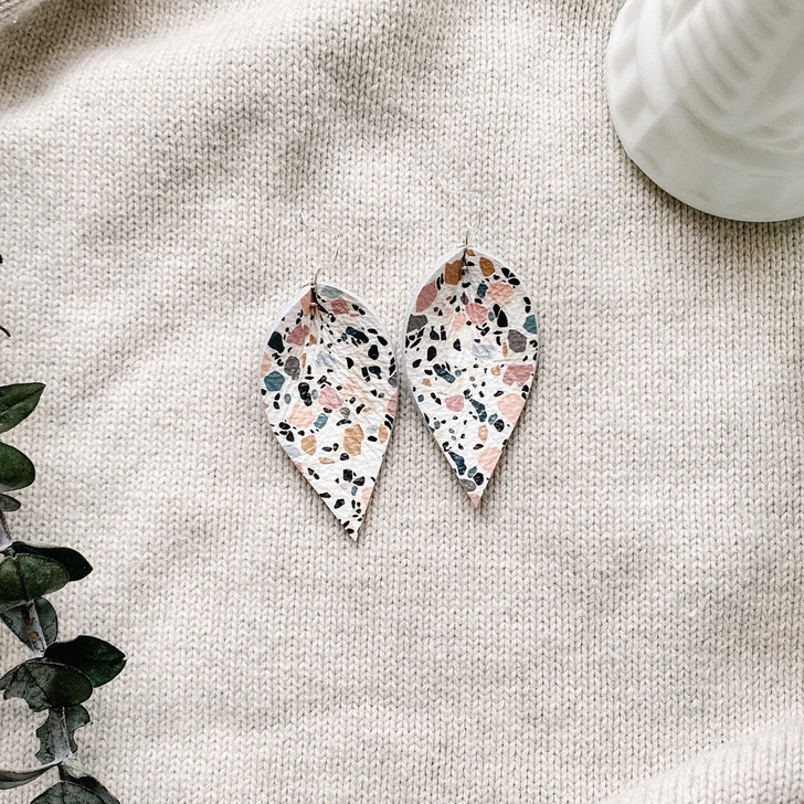 White Birch Terrazzo Print Small Leather Leaf Earrings