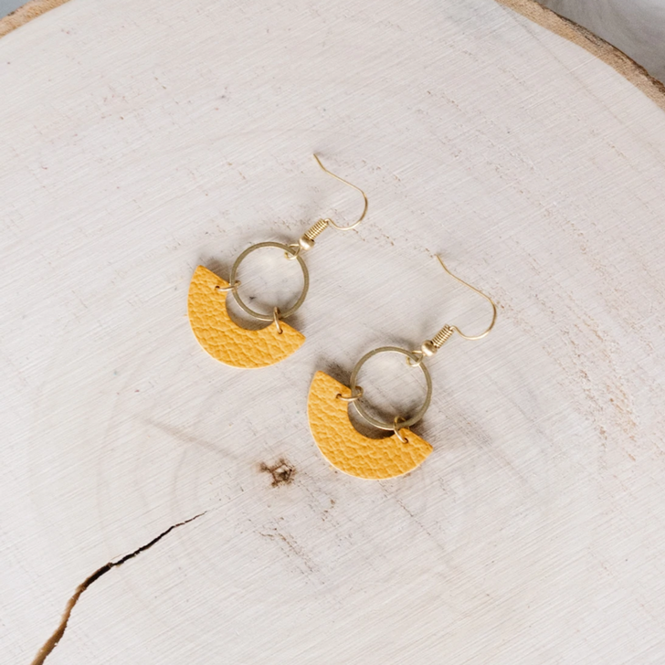 White Birch Leather & Brass Ring Geometric Earrings Mustard Yellow
