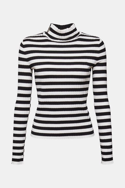 Esprit Ribbed Stand-Up Collar Top Black & White Stripes