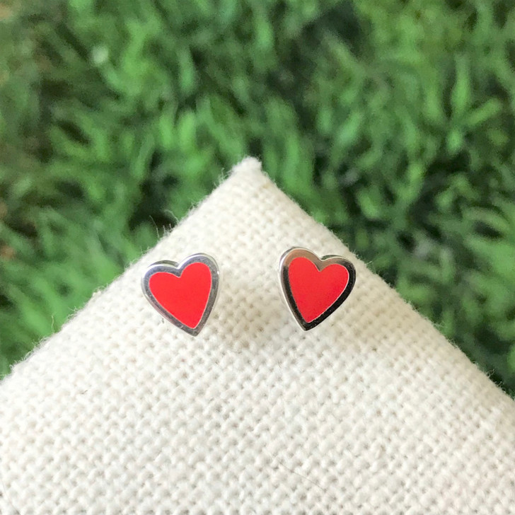Tashi Silver Large Red Enamel Heart Studs