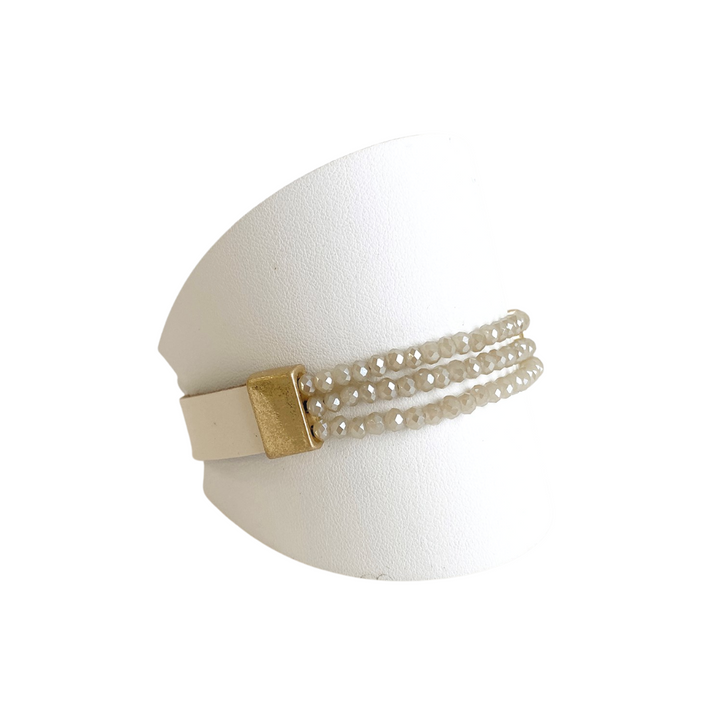 Caracol White & Gold Glass Beaded Leather Bracelet