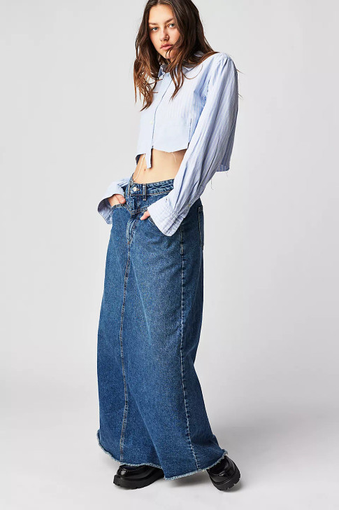 Free People Come As You Are Denim Maxi Skirt Dark Indigo