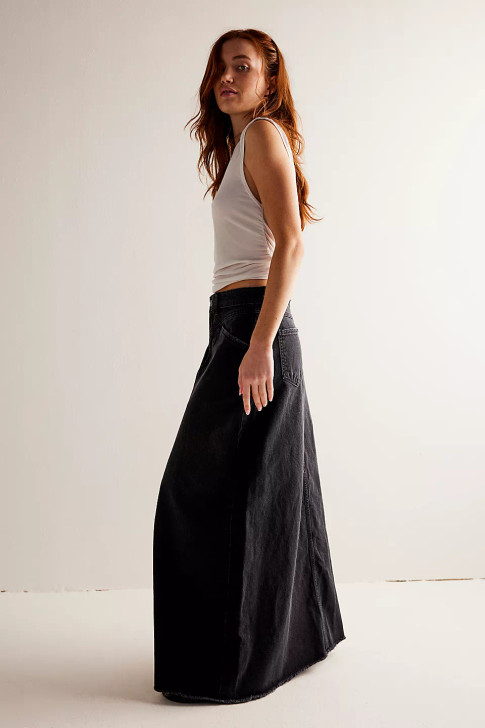 Free People Come As You Are Denim Maxi Skirt Black