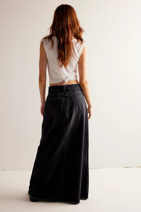 Free People Come As You Are Denim Maxi Skirt Black
