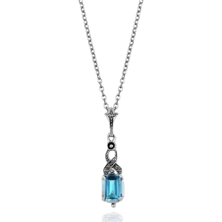 Larus Silver Marcasite & Faceted Blue Topaz Pendant Necklace