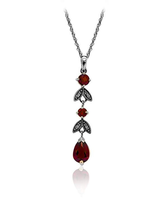 Larus Silver Marcasite & Garnet Triple Stone Necklace