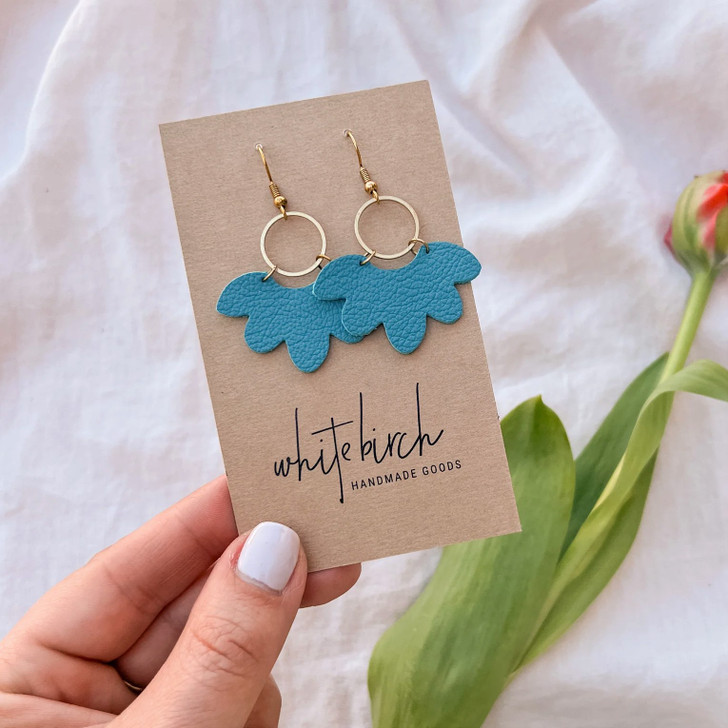White Birch Teal Leather Cloud Shaped Earrings
