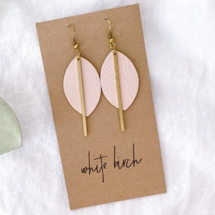 White Birch Leather Petal & Brass Bar Earrings Blush Pink