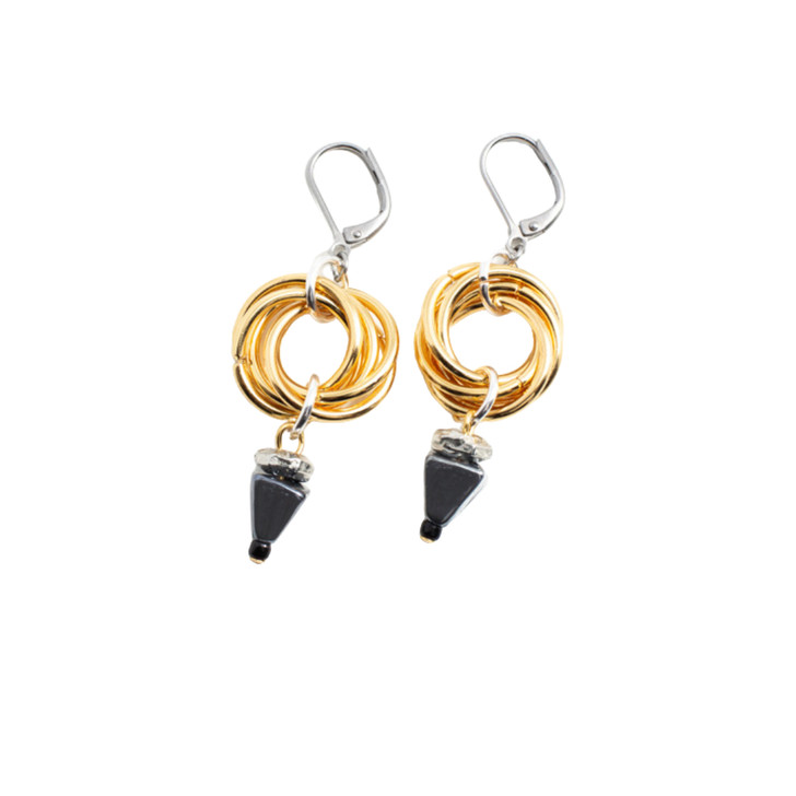 Anne Marie Chagnon Jilka Gold Multi-Ring Dangle Earrings Anthracite