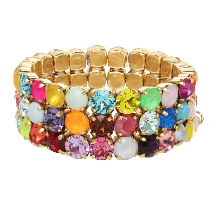 Tova Olivia Rainbow Swarovski Crystal Triple Strand Stretch Gold Plated Brass Bracelet