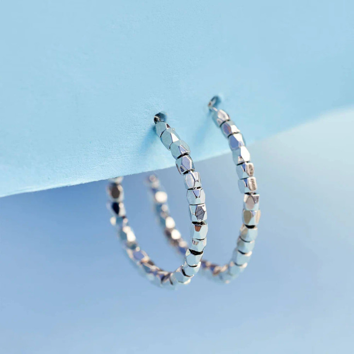 Pura Vida Diamond Cut Beaded Hoops Silver 