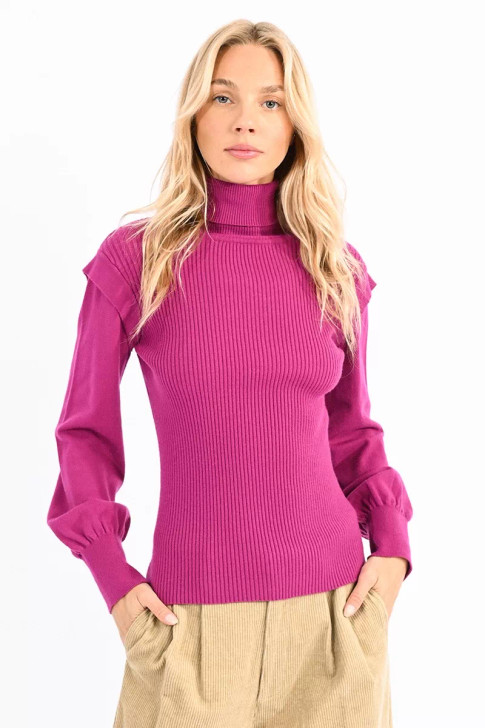 Molly Bracken Ruffle Shoulder Turtle Neck Top Purple