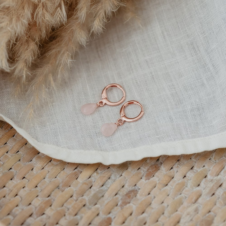 Glee Rose Gold Plated Zia Teardrop Hoops Rose Quartz