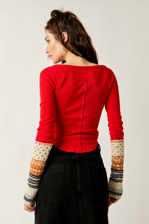 Free People Cozy Craft Cuff Sweater Red Combo