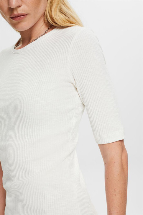 Esprit 1/2 Sleeve Ribbed Jersey Top White