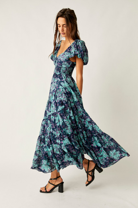 Free People Short Sleeve Sundrenched Maxi Dress Emerald Combo