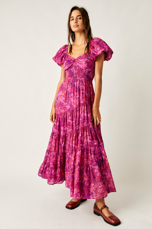 Free People Short Sleeve Sundrenched Maxi Dress Magenta Combo