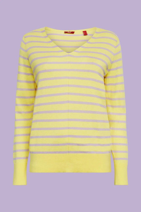 Esprit Striped Cotton V-Neck Sweater Yellow