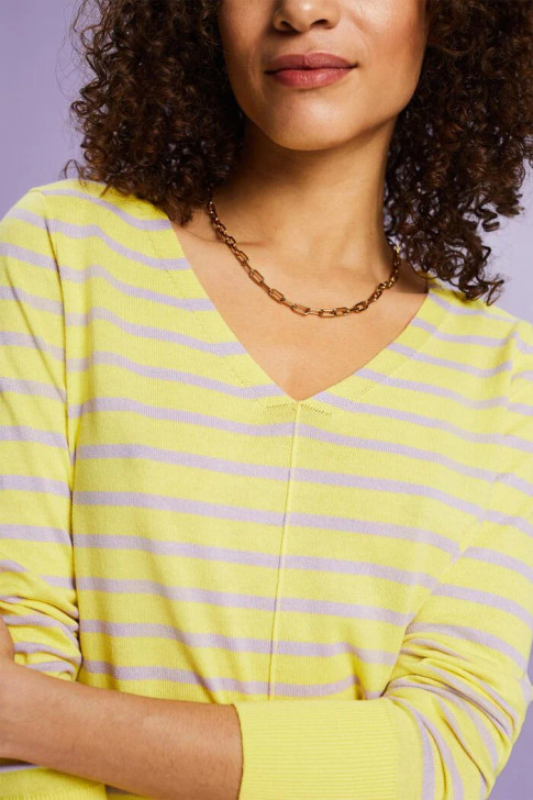 Esprit Striped Cotton V-Neck Sweater Yellow