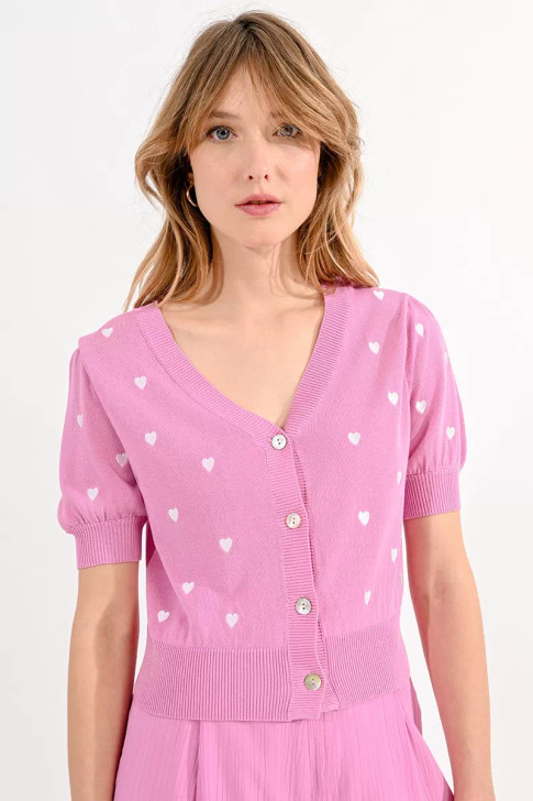 Molly Bracken Crop Heart Print Cardigan Pink