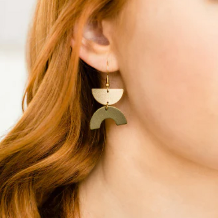 White Birch Leather Arc & Brass Half Moon Earrings Army Green