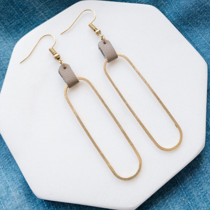 White Birch Leather & Brass Long Oval Earrings Latte