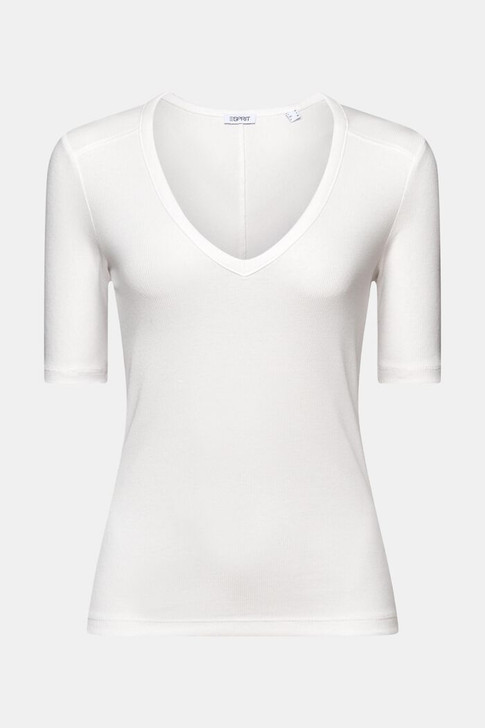 Esprit Ribbed V-Neck T-Shirt White