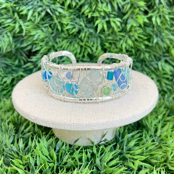 White Lotus Medium Woven Cuff Blue Sea Glass