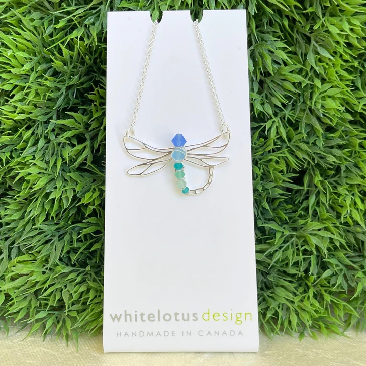 White Lotus Silver Beaded Dragonfly Necklace Blue