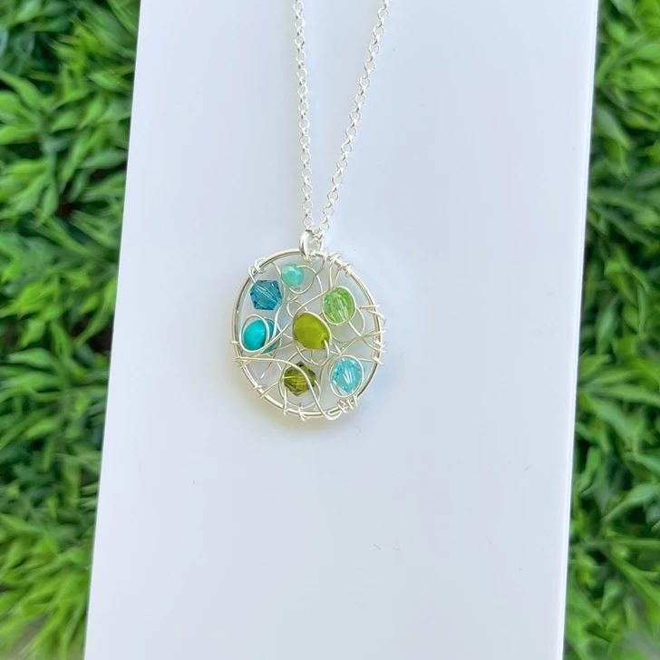 White Lotus Silver Web Necklace Green & Blue