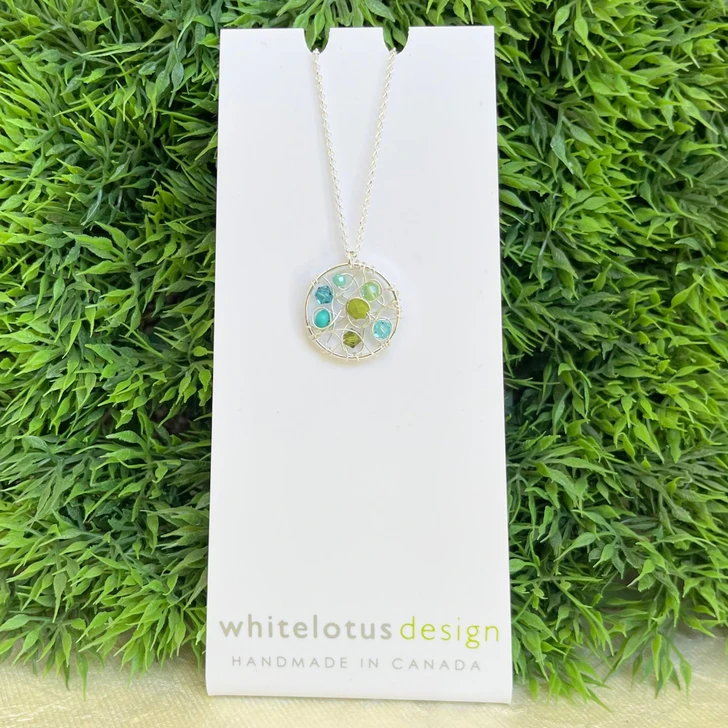 White Lotus Silver Web Necklace Green & Blue