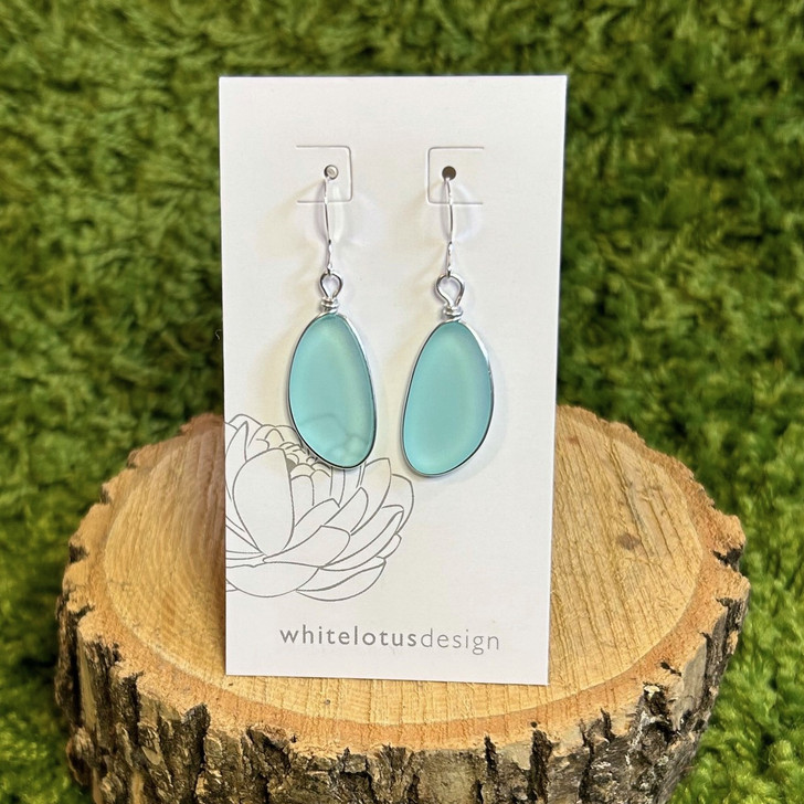 White Lotus Bezel Oval Seaglass Earrings Sea Foam