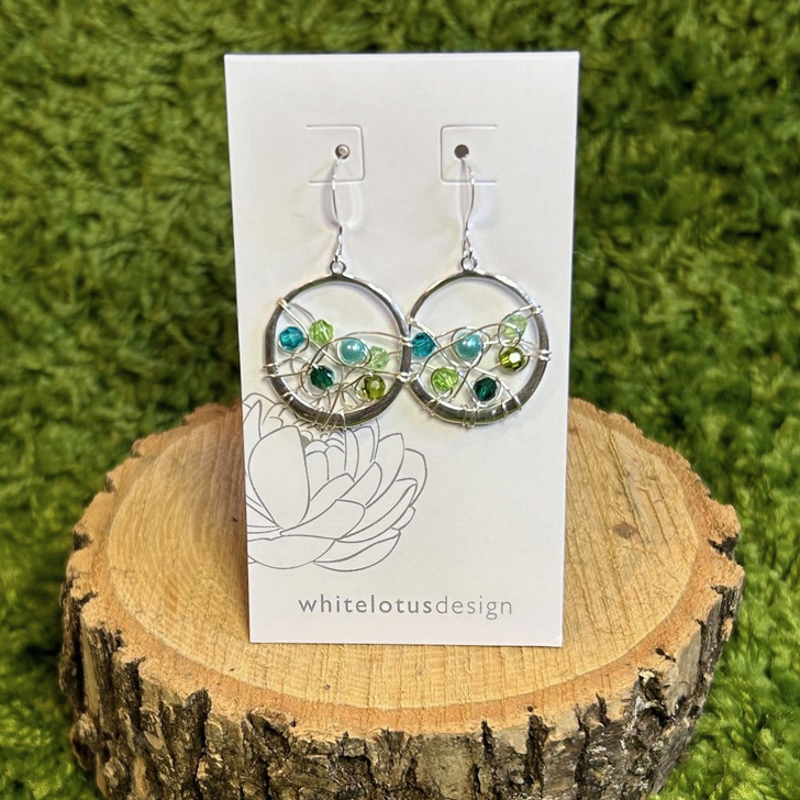 White Lotus Silver High Polish Circle Web Earrings Green & Blue