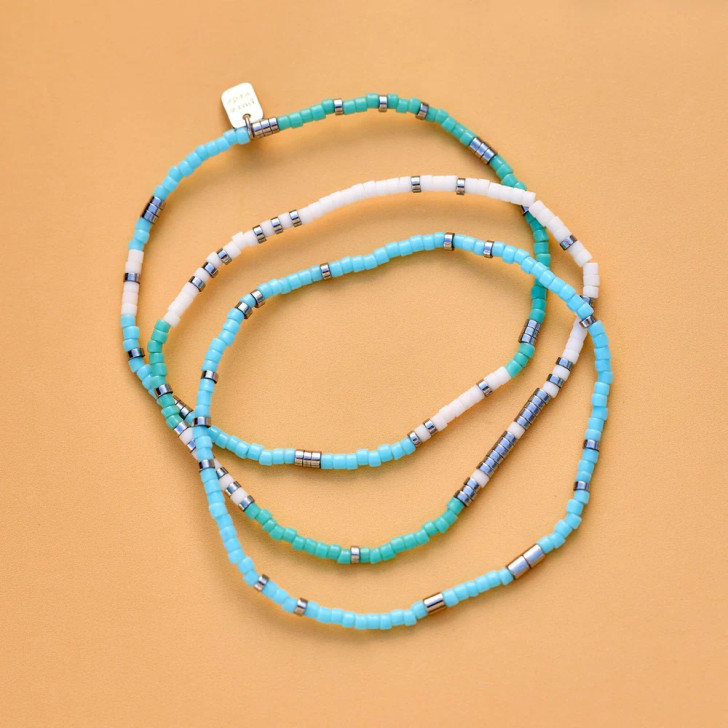 Pura Vida Mixed Seed Bead Stretch Bracelet Set Seafoam Dream