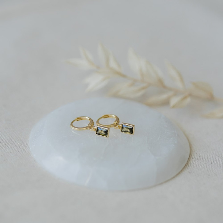 Glee Gold Plated Shine Crystal Hoops Moss Green