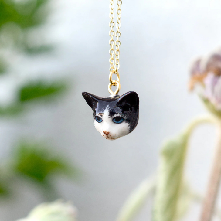 Peter + June Tux Cat Head Hand Painted Necklace