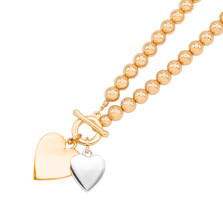 Caracol Flat Heart Ball Bead Necklace Gold