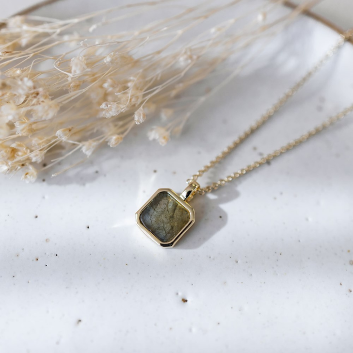Glee Gold Plated Florence Square Pendant Necklace Labradorite