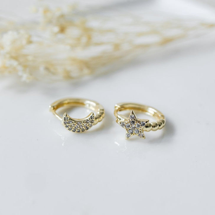 Glee Gold Plated Wish & Wonder Moon and Star Hoops