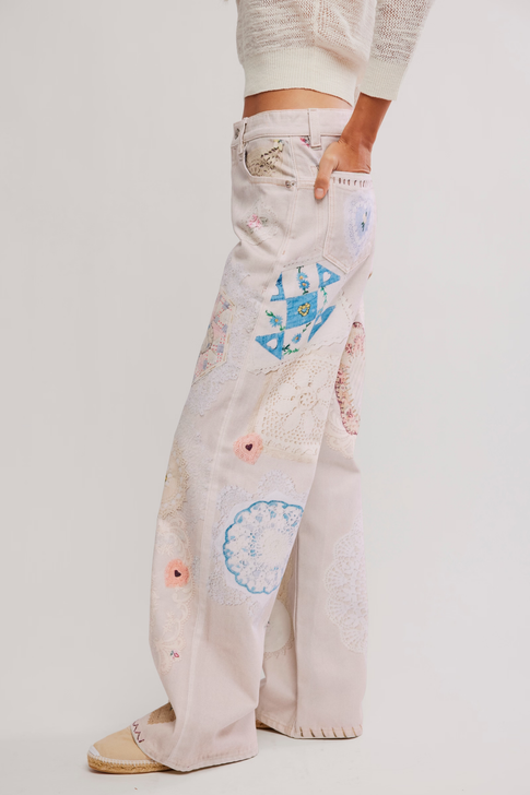 Free People Printed Straight Leg Jeans Heirloom Ivory