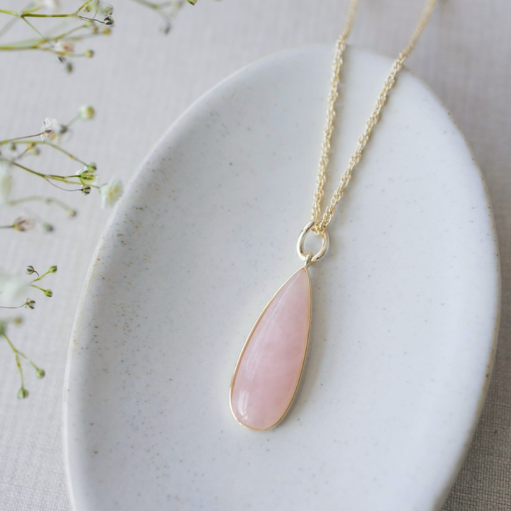 Glee Gold Plated Alara Large Teardrop Necklace Rose Quartz