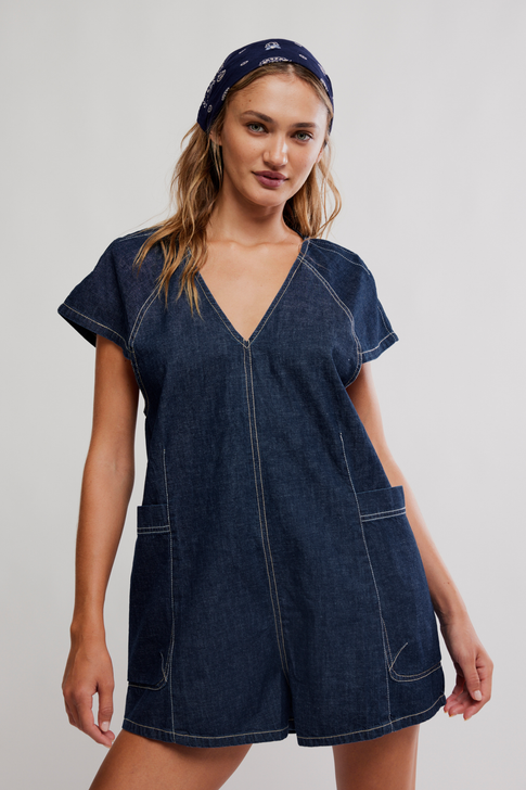 Free People Free Fall Denim Romper Deep Blue