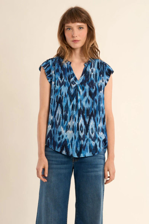 Molly Bracken Printed Short Sleeve Blouse Blue Indigo