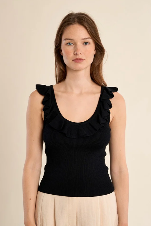Molly Bracken Ruffled Rib Tank Top Black