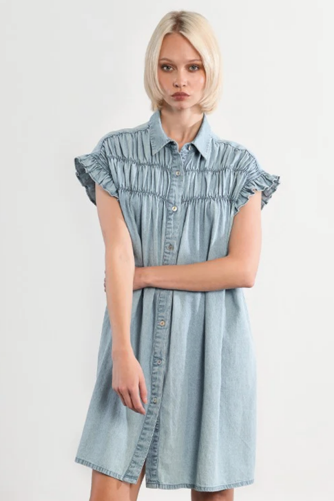 Molly Bracken Smocked Denim Effect Dress Blue